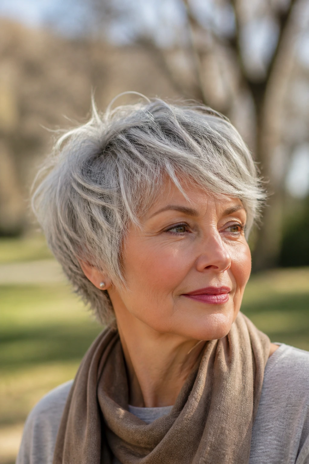 Close-up portrait of a real woman with a silver shag crop in natural light