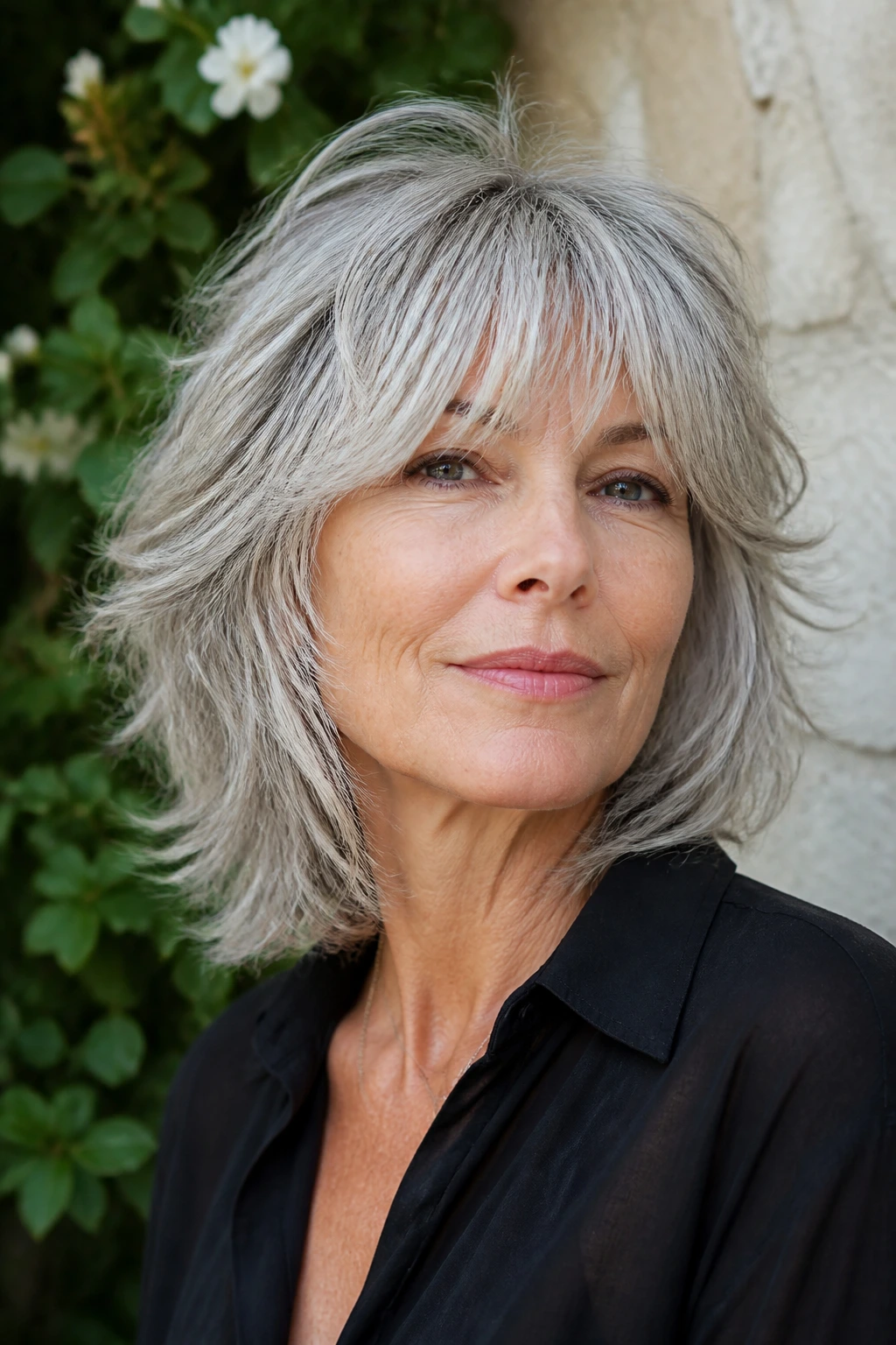 Portrait of a silver-haired woman with shag cut and wispy fringe