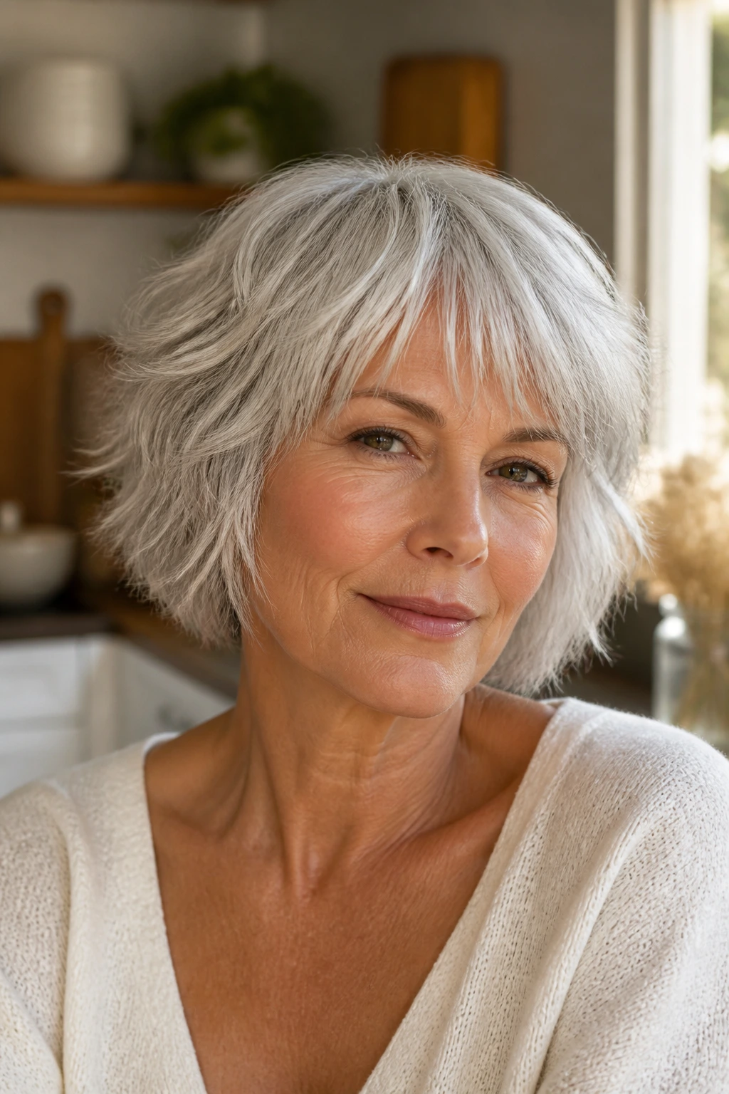 Real woman with silver shaggy bob and razored ends in sunlit kitchen