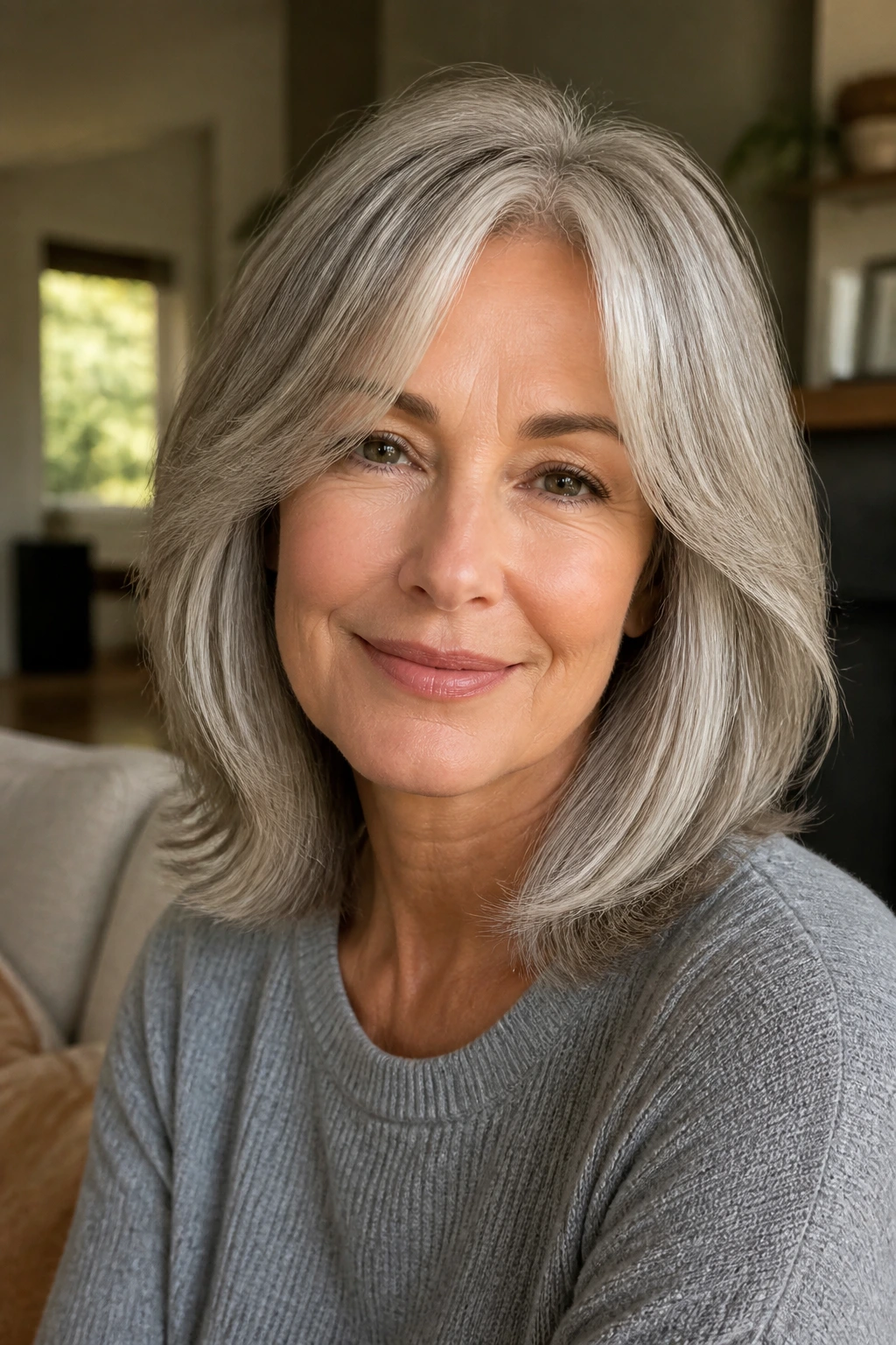 Portrait of a woman with silver-sheen curtain bangs and lob hairstyle