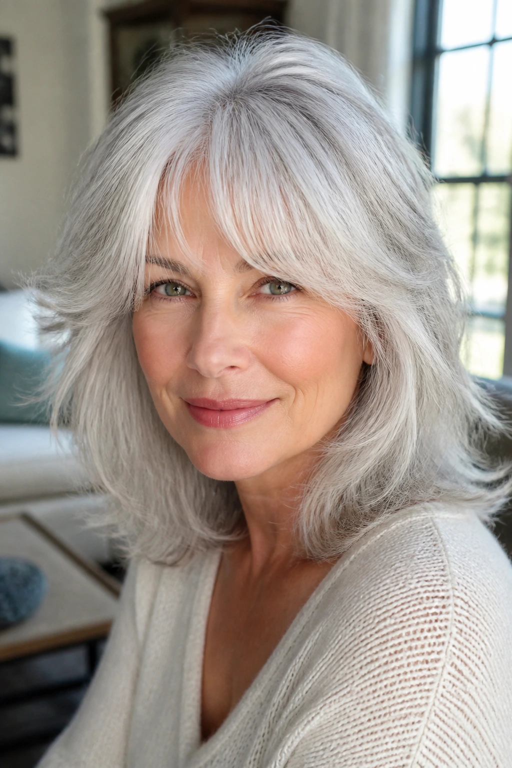 Close-up of a real woman with silver-white hair and feathered curtain fringe, glossy and full of movement