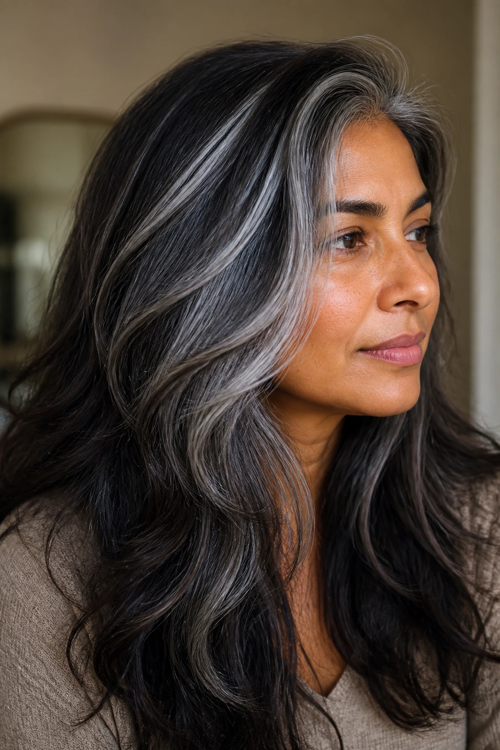 Real person with silver slices woven through hair, softly lit backdrop.