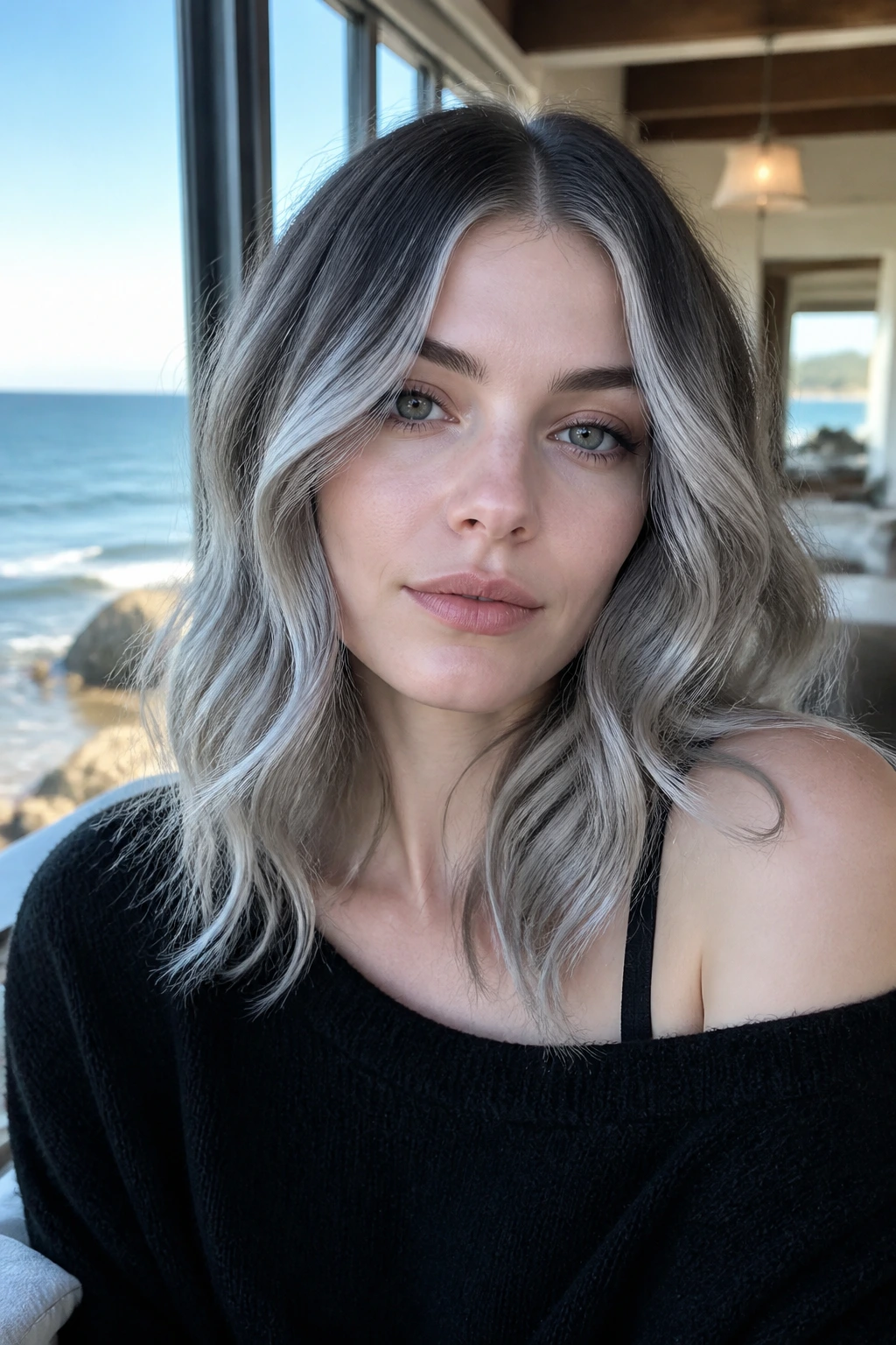 Close-up of silver smoke balayage with loose waves on pale skin
