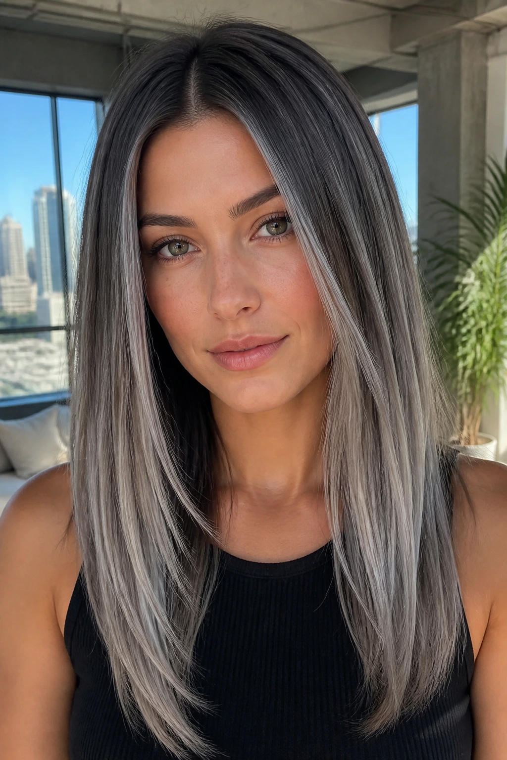 Real woman with straight hair and silver smoke balayage