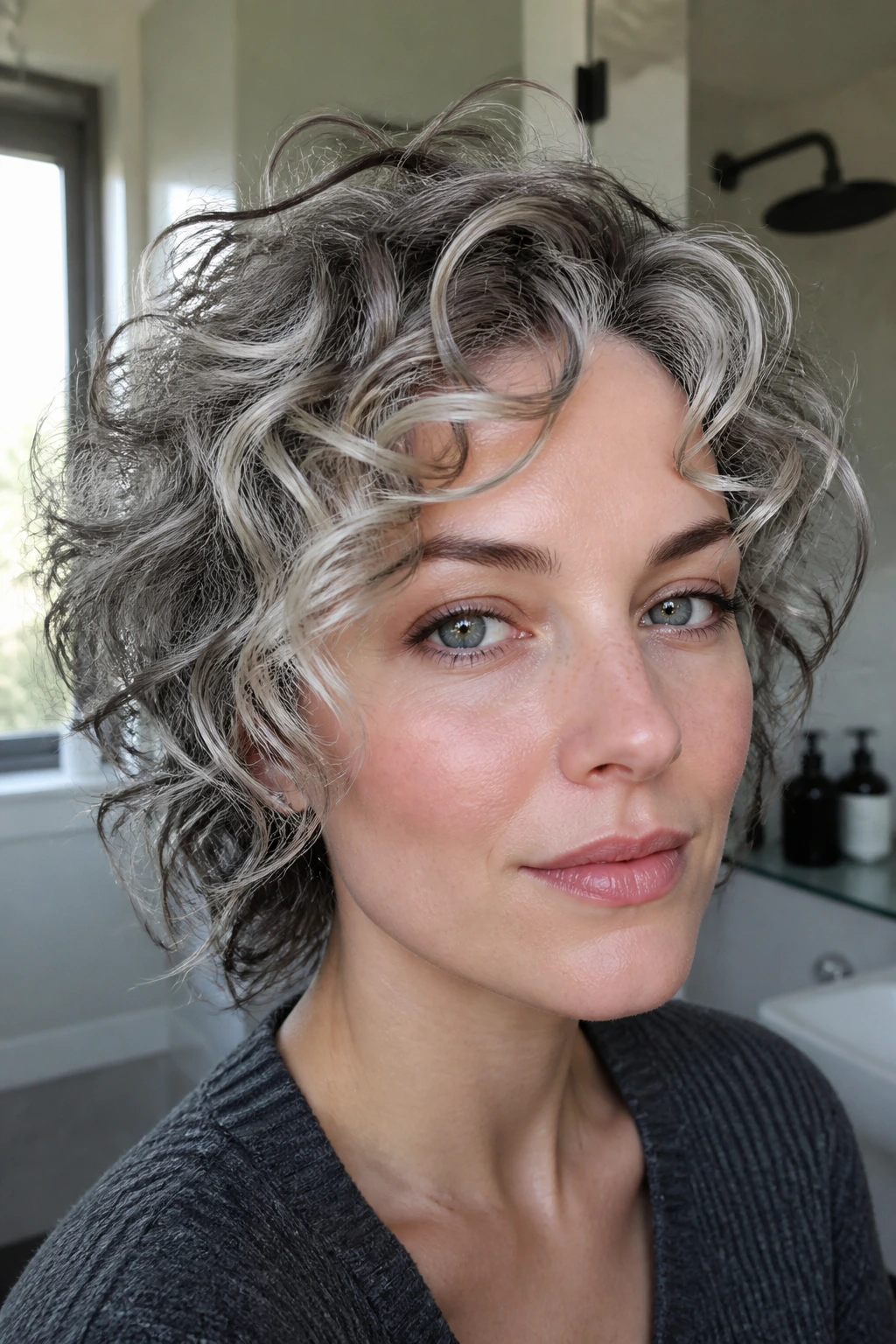 Real person with curly hair showing translucent silver gloss highlights.