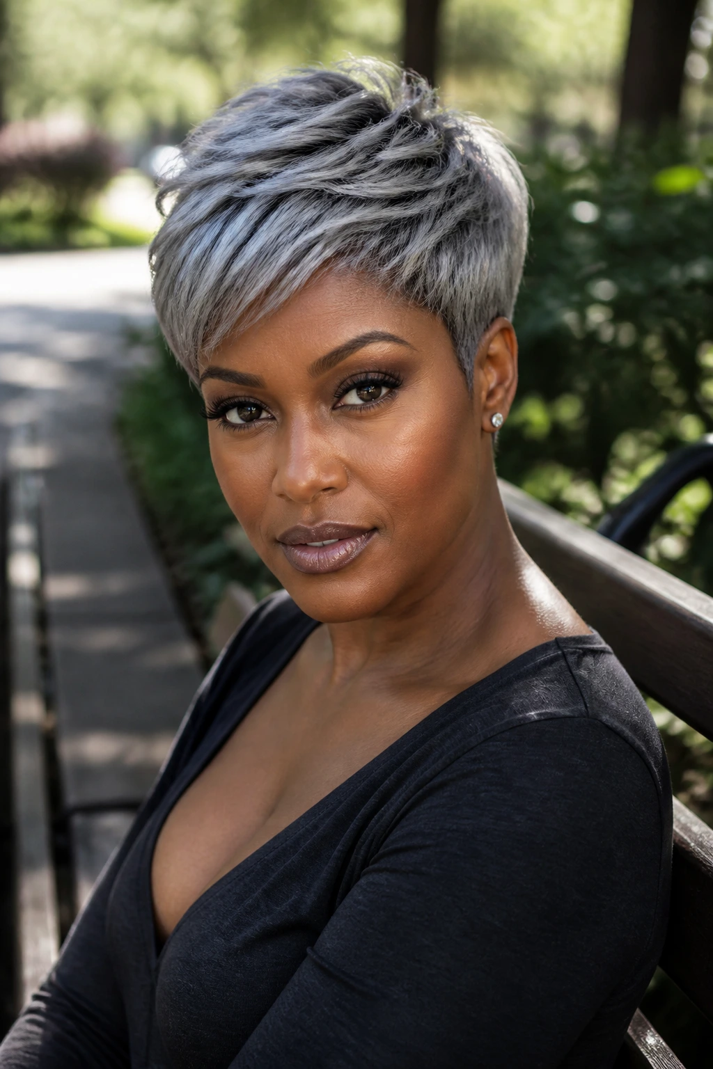 Close-up of a real person with a silver smoke pixie on deep skin in sunlight.