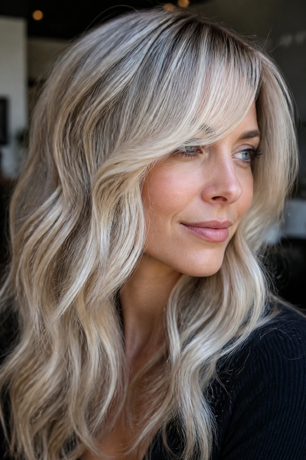 Real woman with silver-soft highlights and side-swept bangs in natural daylight