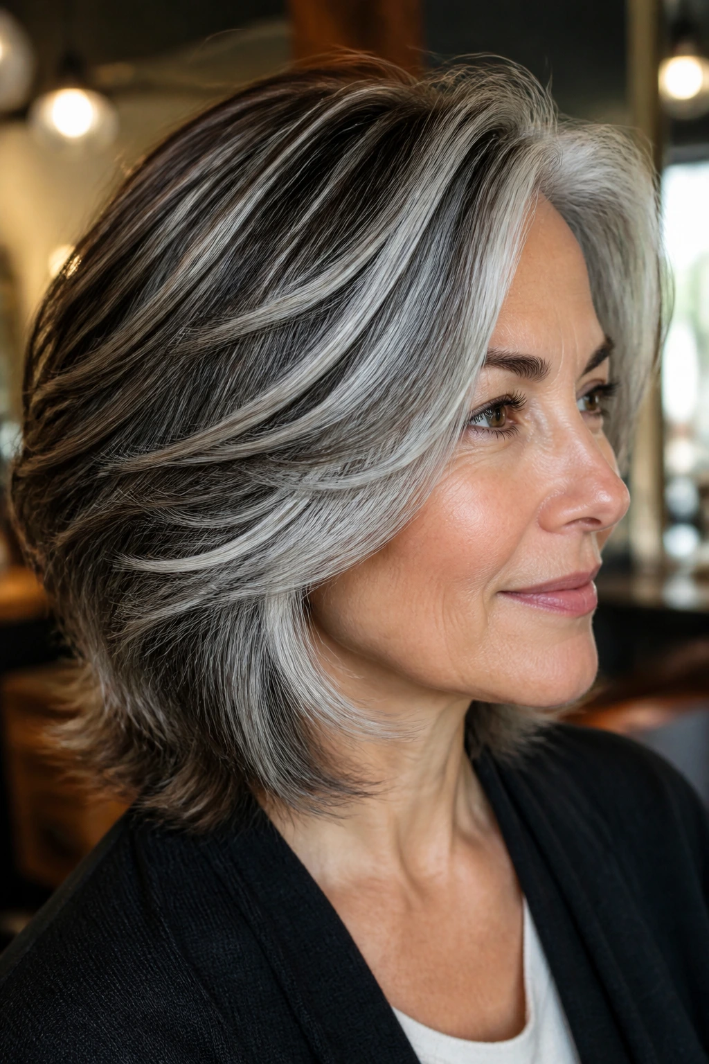 Close-up portrait of a real woman with a layered cut that follows natural silver placement and bold silver streaks.