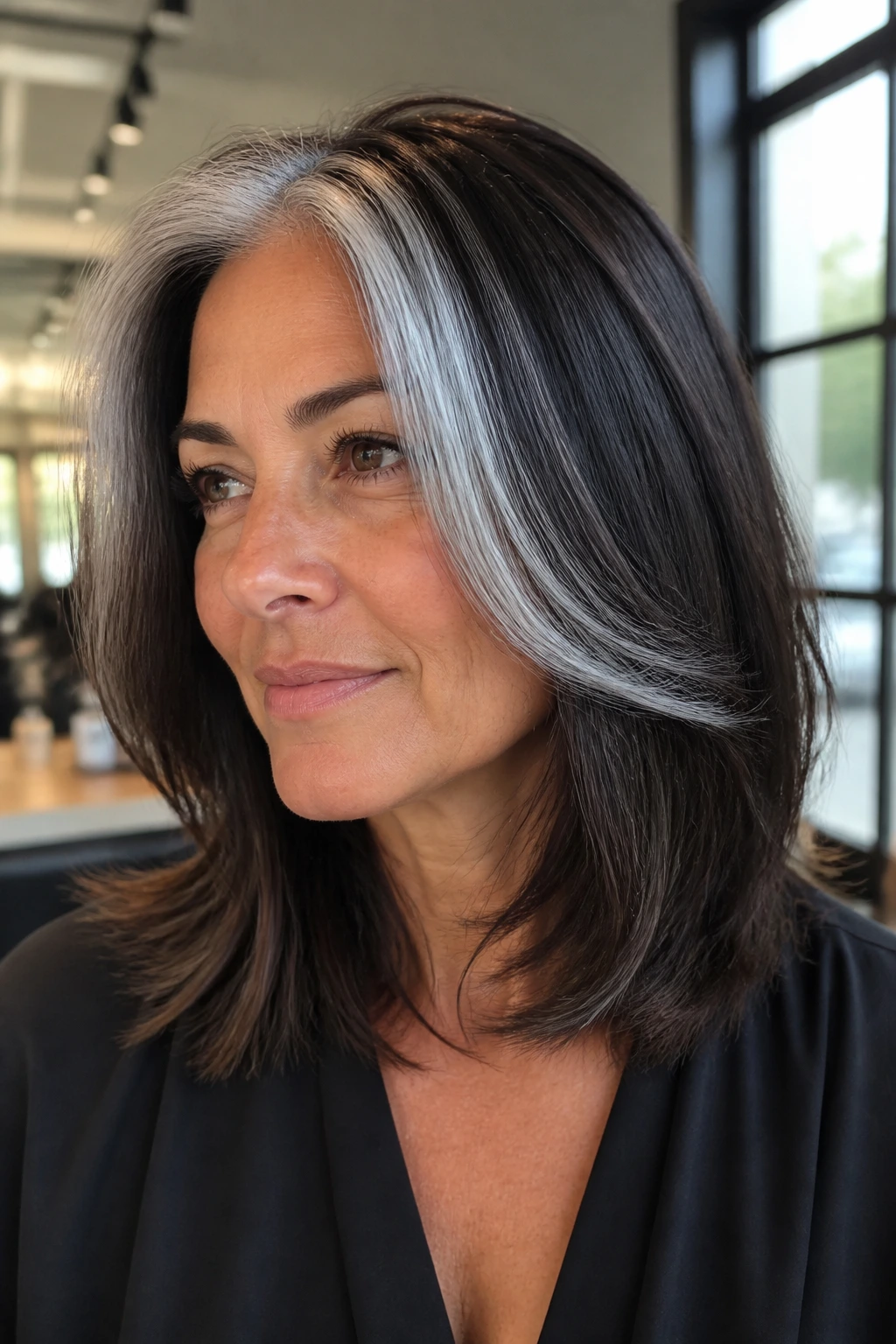 Close-up of brunette woman with bold silver streaks at temples.