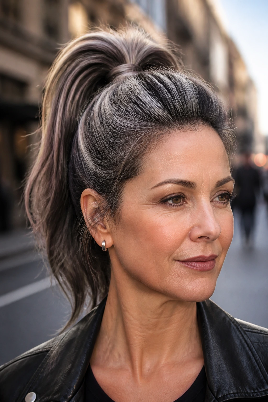 Portrait of high ponytail with silver streaks on brunette hair