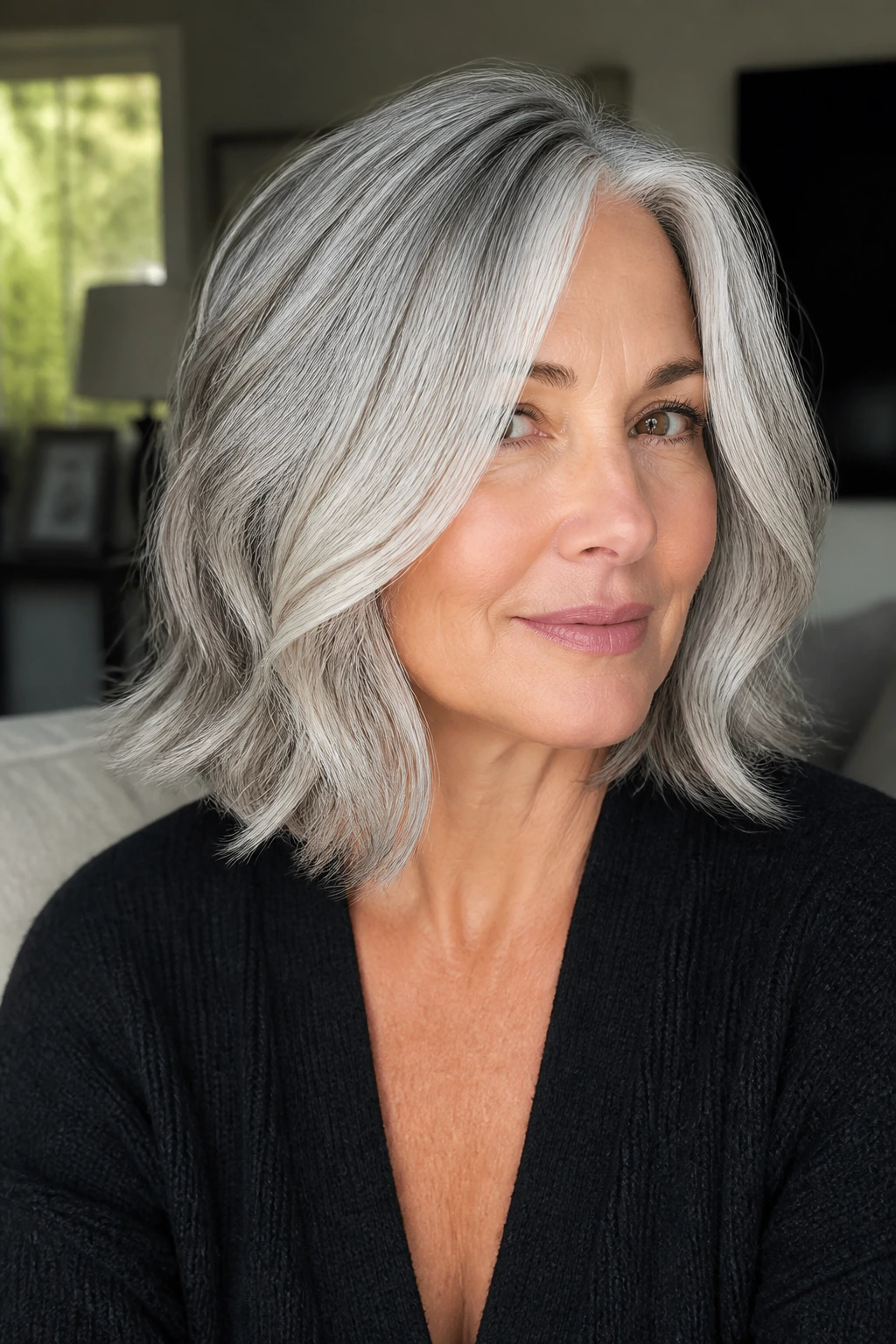 Real woman with silver-swept front layers in a long wavy bob