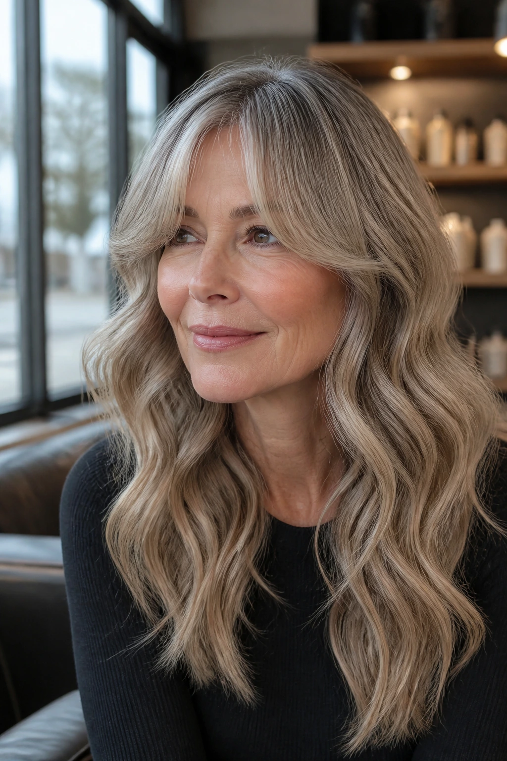 Real woman with silver-taupe blended hair and soft wave, curtain bangs, in a bright modern salon.