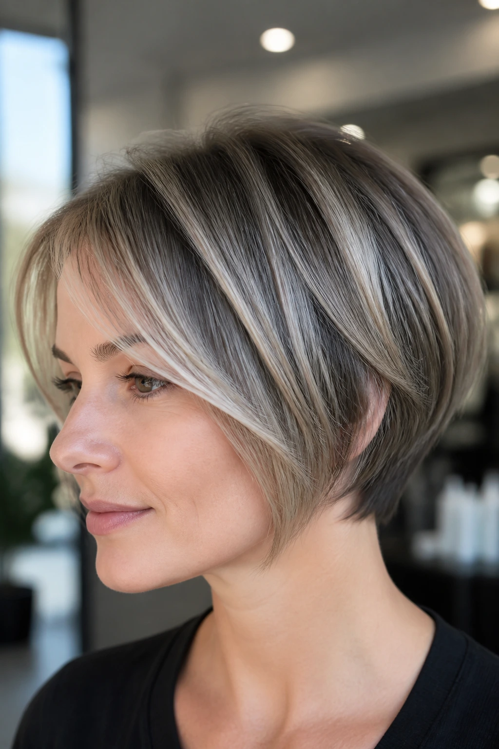 Close-up of a real woman with a short bob and silver taupe highlights around the crown and ears.