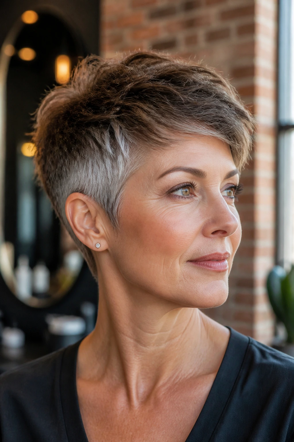 Close-up of a real woman with a textured pixie cut and silver temples in a sunlit urban salon