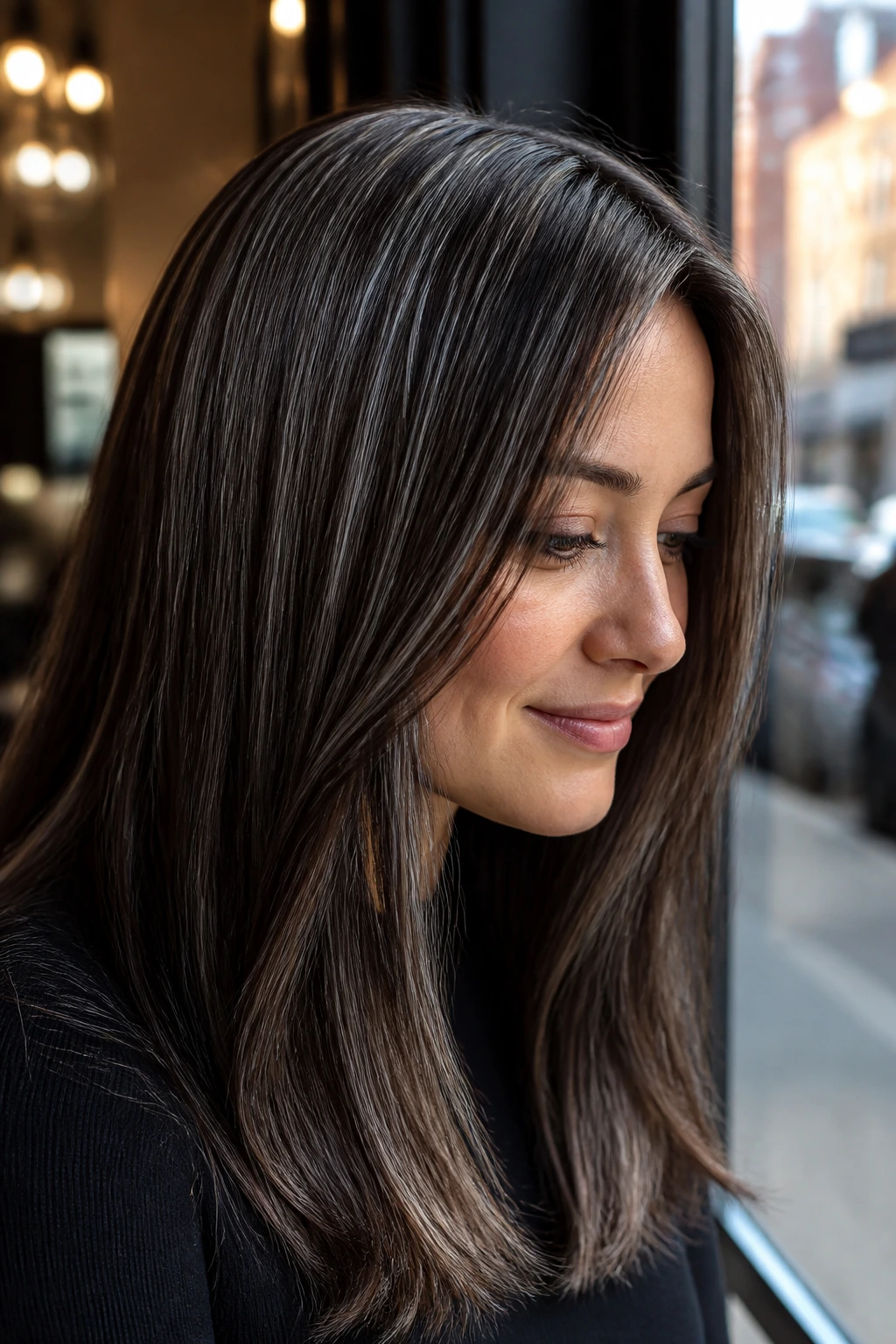 Brunette with fine silver thread highlights catching light
