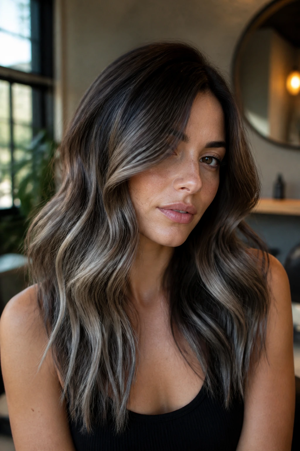 Close-up portrait of a real woman with silver tiger-eye ribbons in brunette hair.
