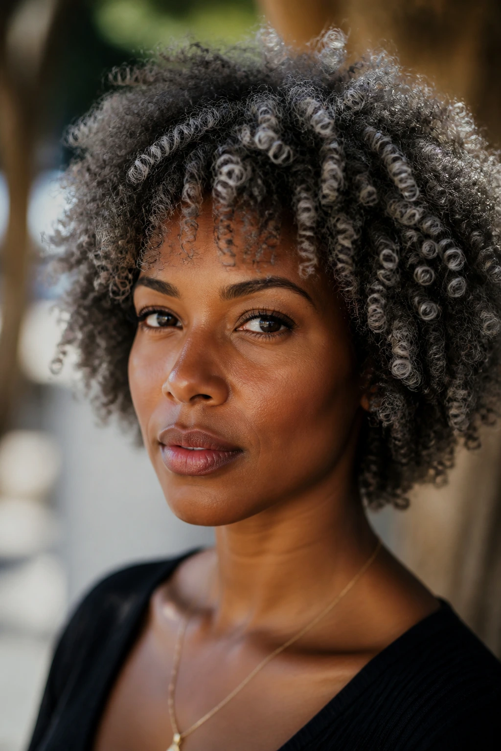Close-up of a real person with a curly afro featuring silver-tipped ends.