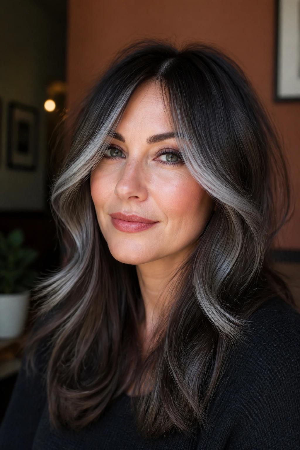 Close-up of face-framing layers with silver-tipped highlights near the cheeks