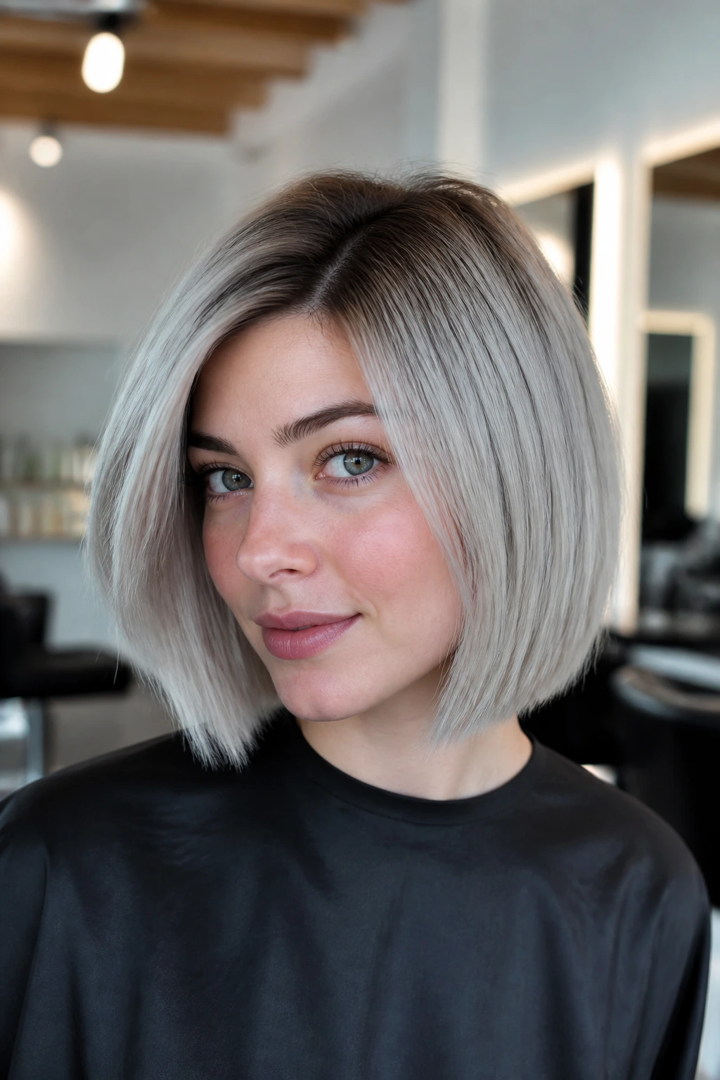 Close-up of real woman with silver-toned bob and root smudge on pink undertone skin
