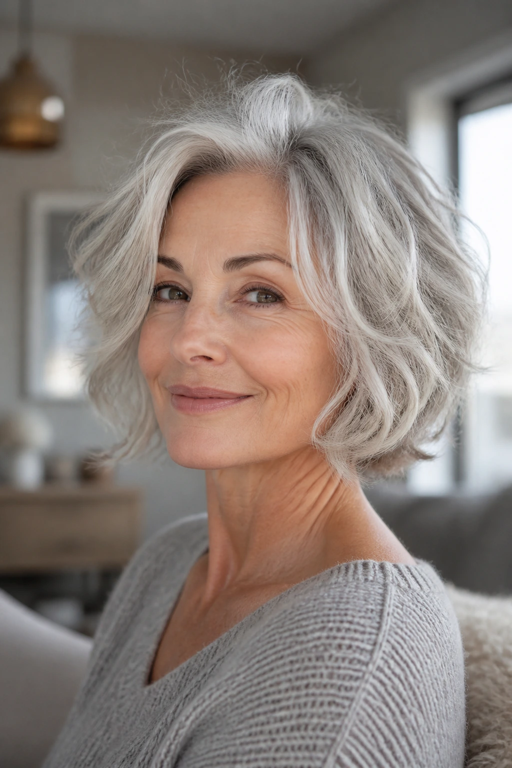 Silver-haired woman with tousled bob and soft lift