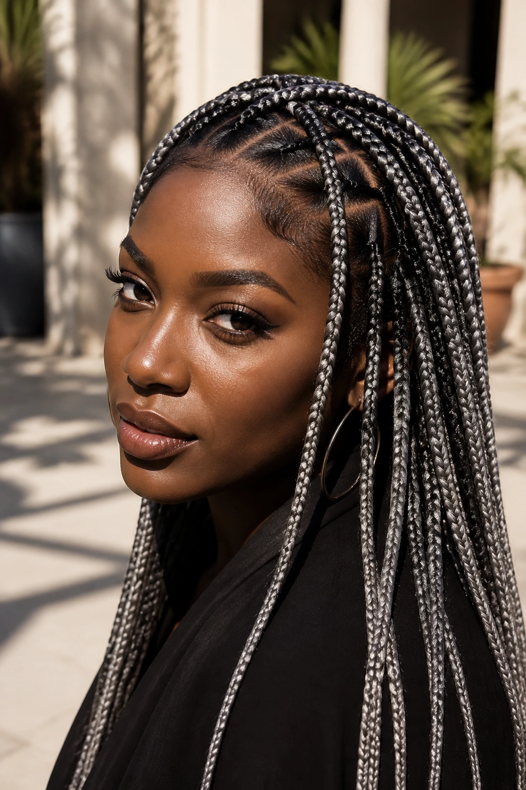 Real person with silver veil braids forming a geometric silver pattern on dark hair