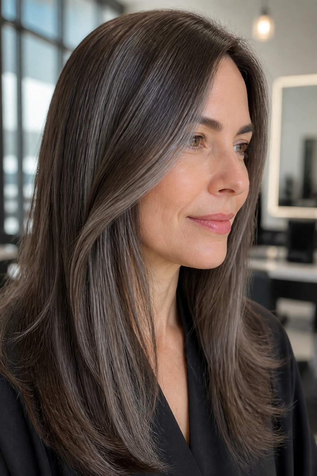 Brunette with faint silver veil highlights in soft salon light
