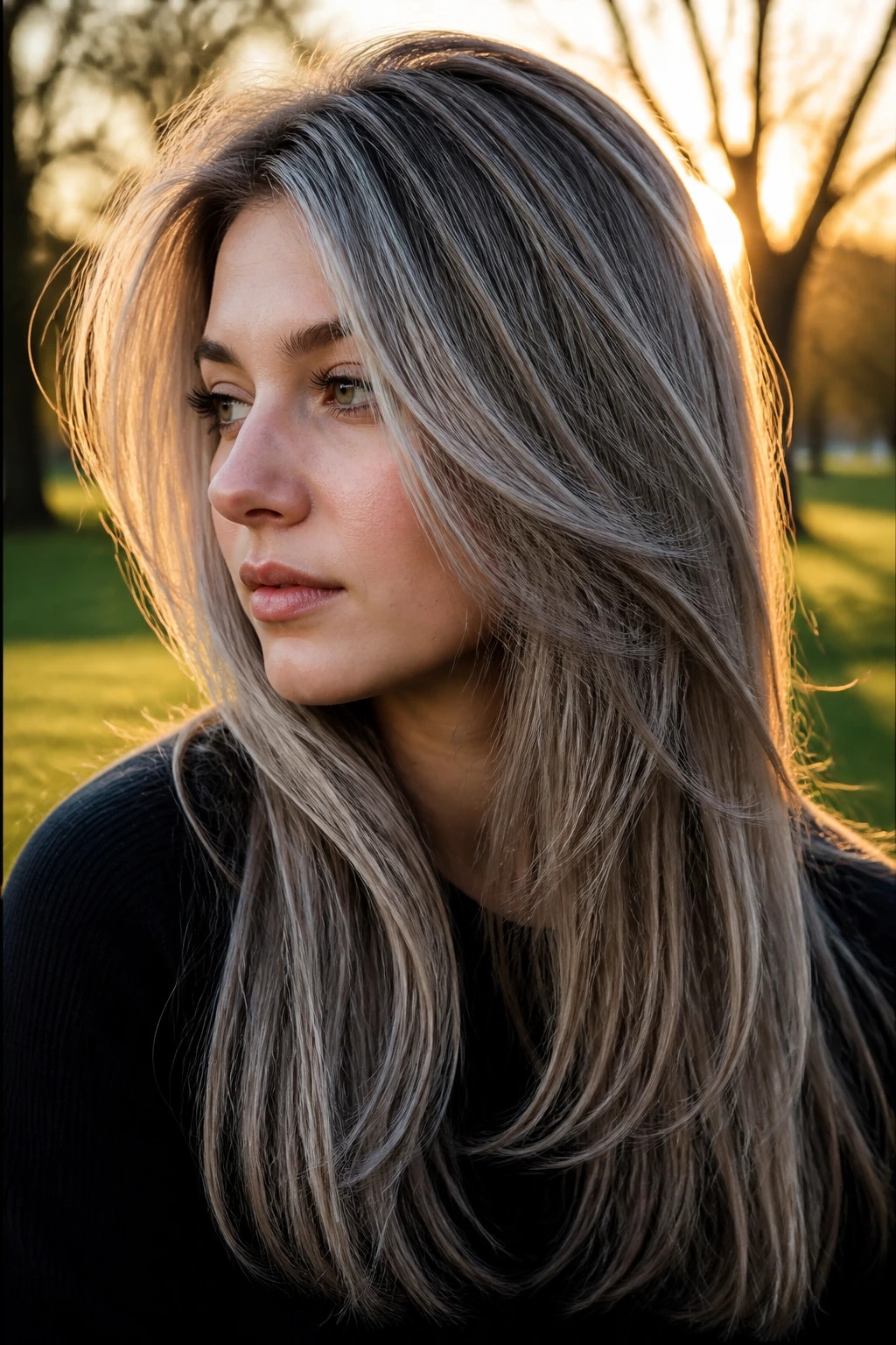 Real person with long layered hair and silver veil highlights