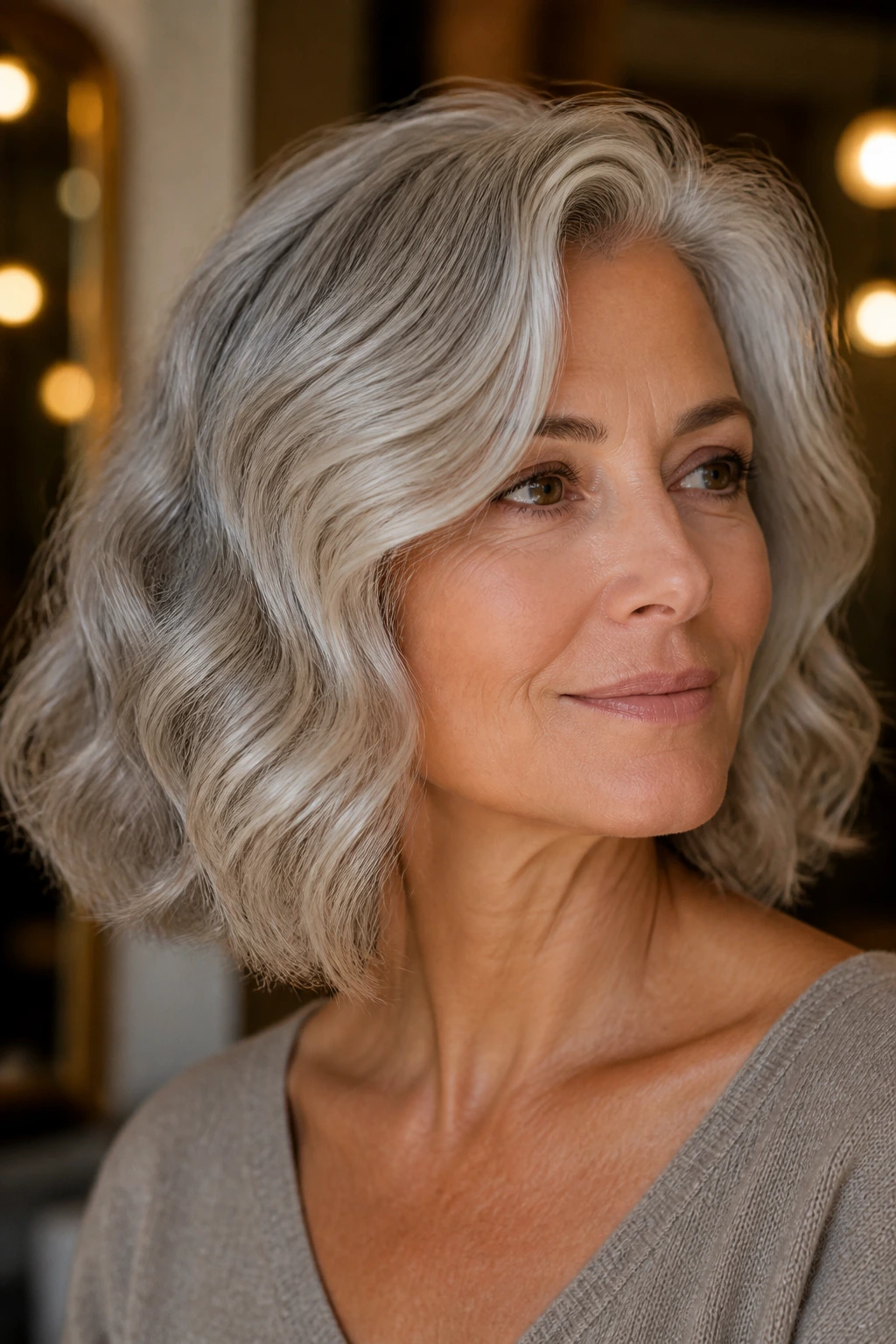 Close-up of a real person with loose wavy silver-grey hair and warm glaze lighting