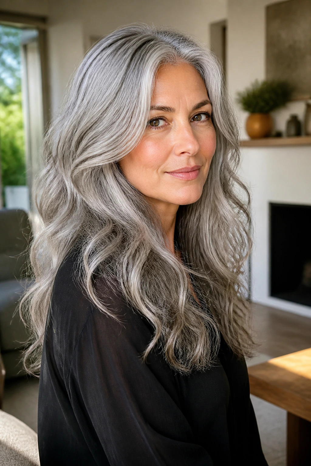 Three-quarter portrait of a woman with silver waves and layered hair