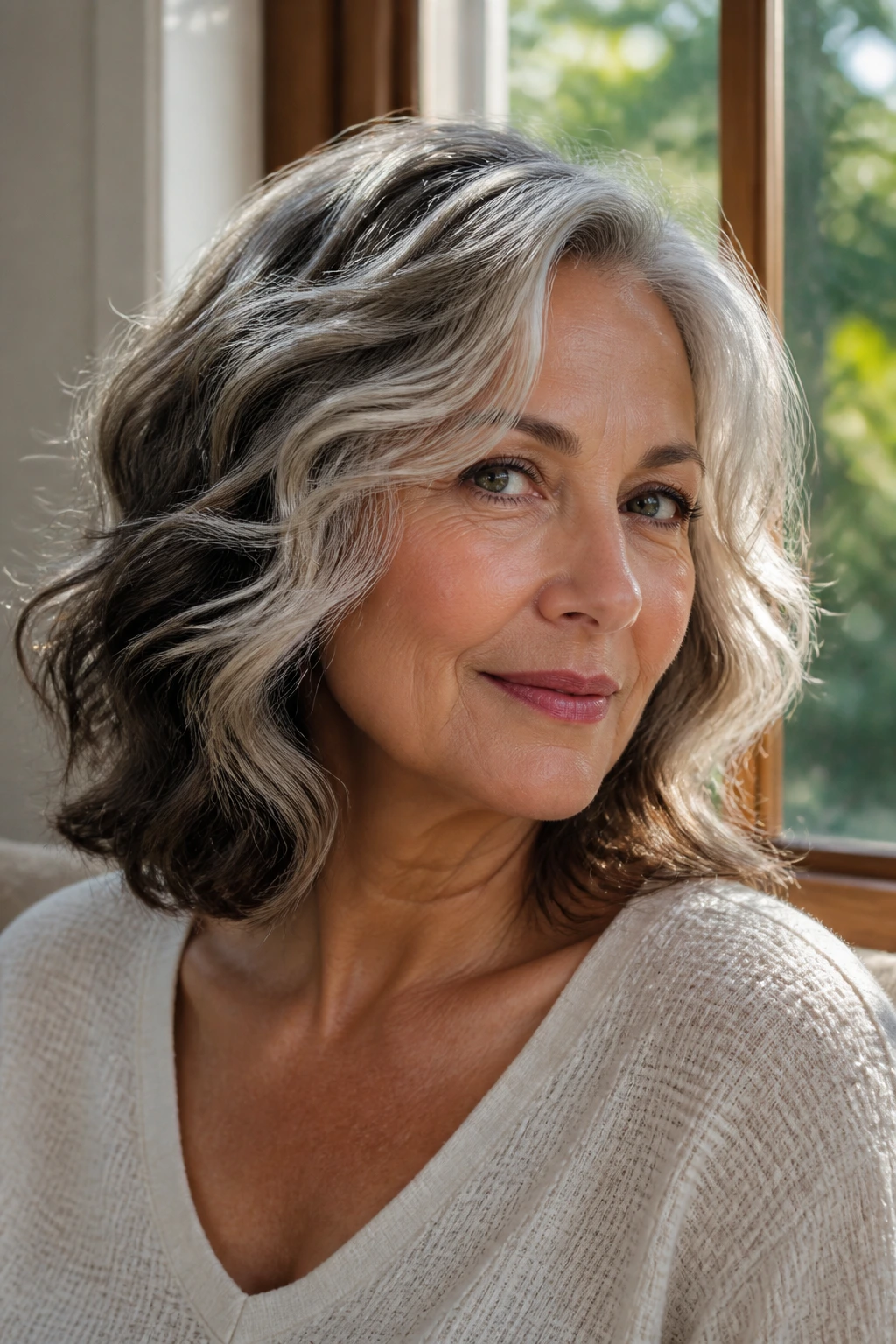 Close-up of a woman with silver waves and brunette lowlights framing the face