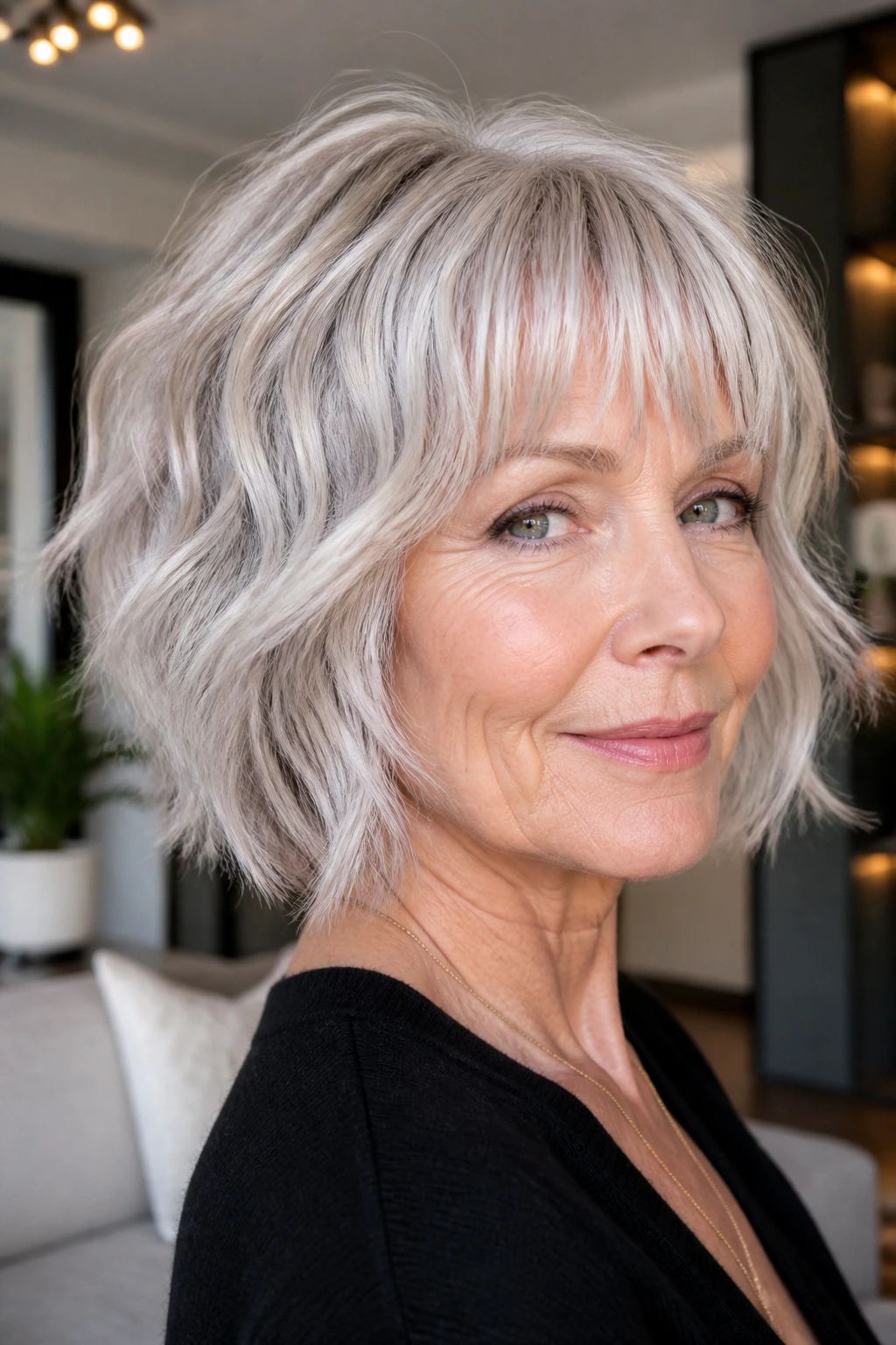 Portrait of a woman with a silver wavy bob and piecey bangs