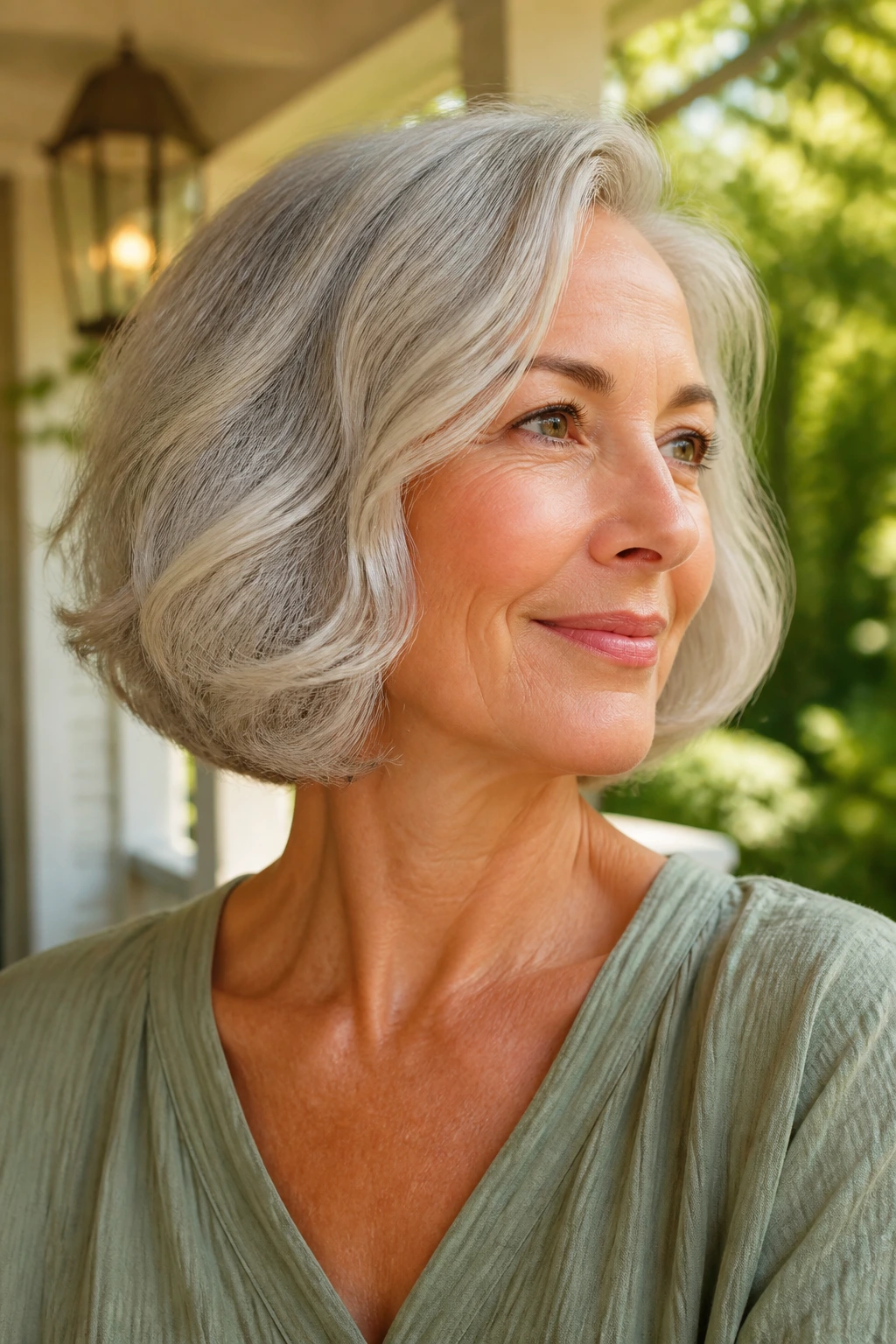 Close-up of a real woman with silver wavy bob and tucked ends