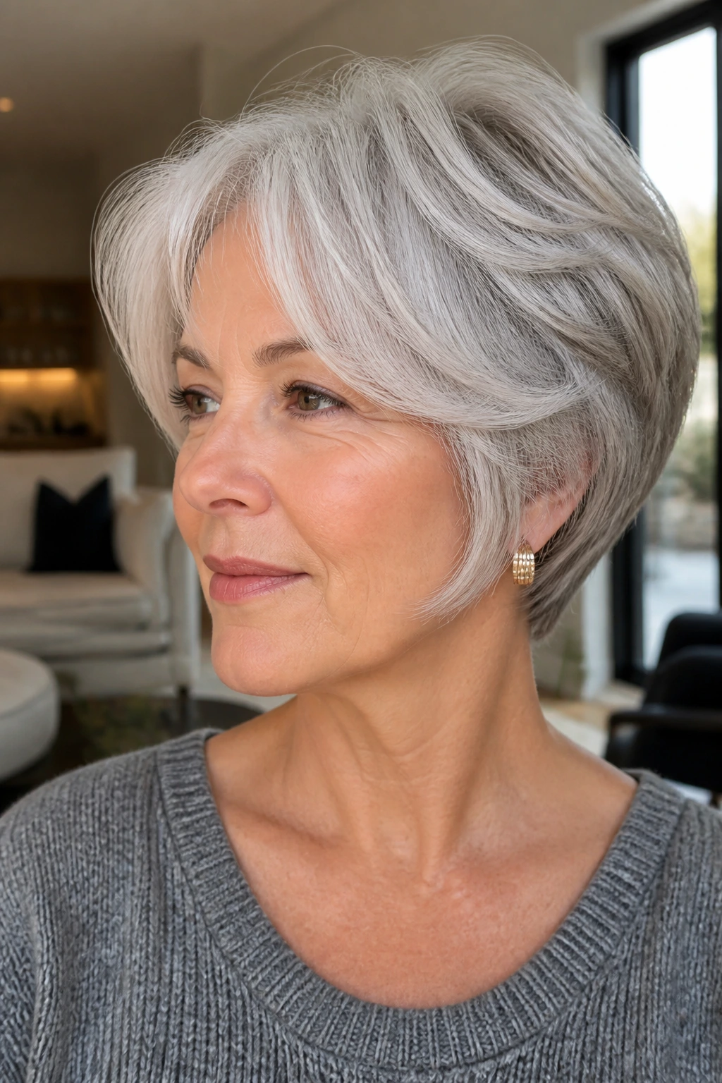 Real woman with silver wedge and curtain layers, front swept to the side