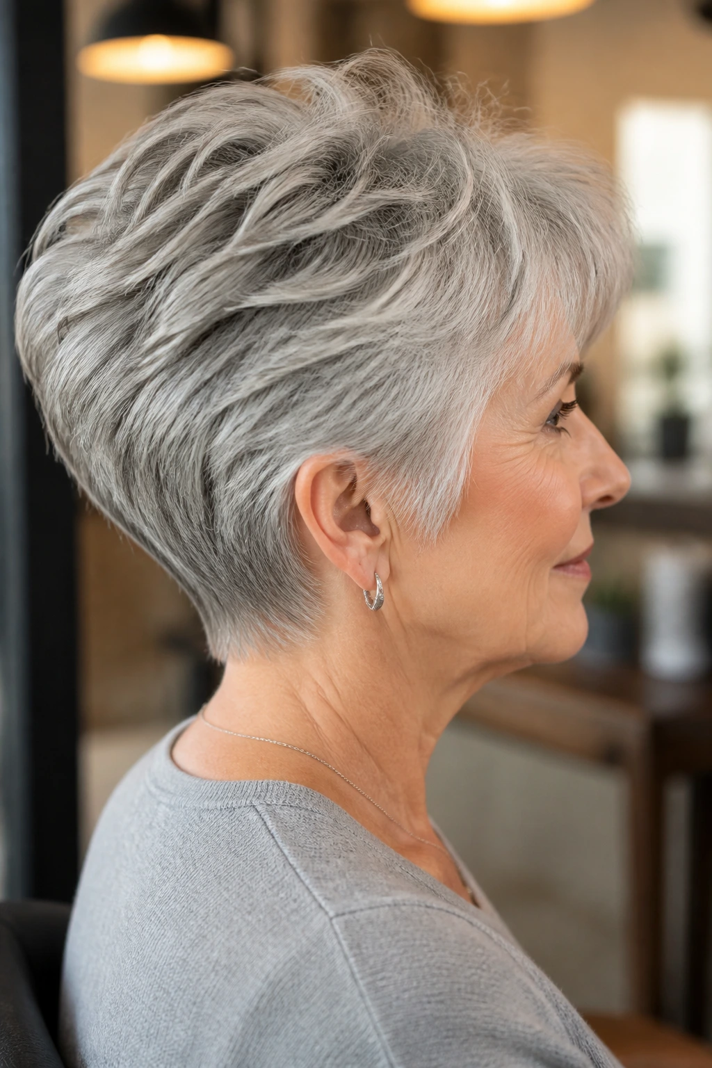 Close-up of a real woman with silver wedge cut and lifted crown