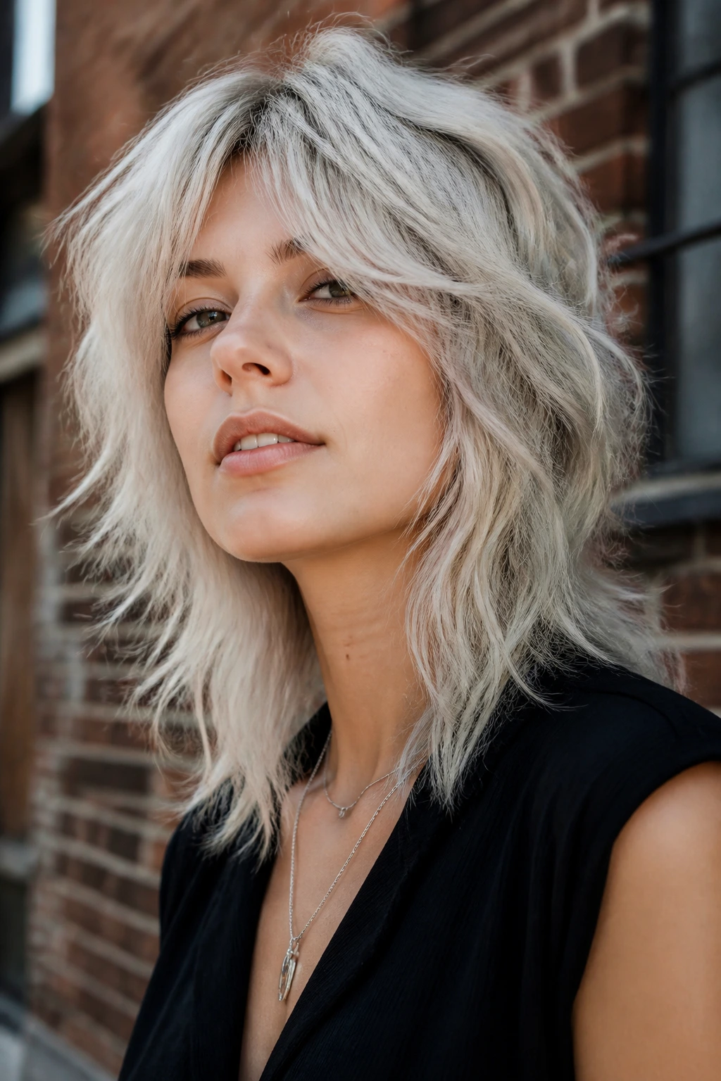 Close-up of brunette woman with a silver-white platinum shag