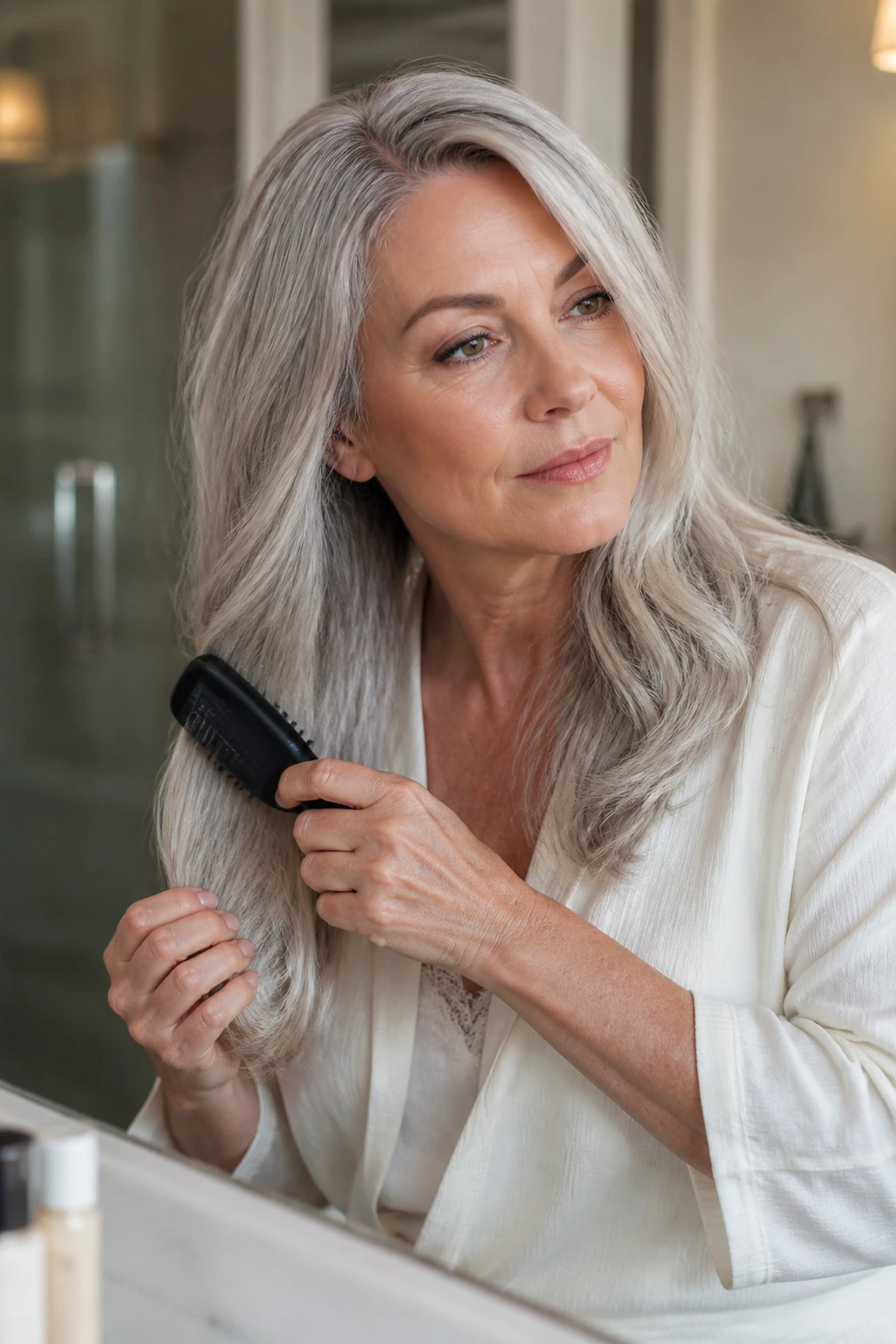 Real person brushing the ends of a silver wig in a bathroom setting