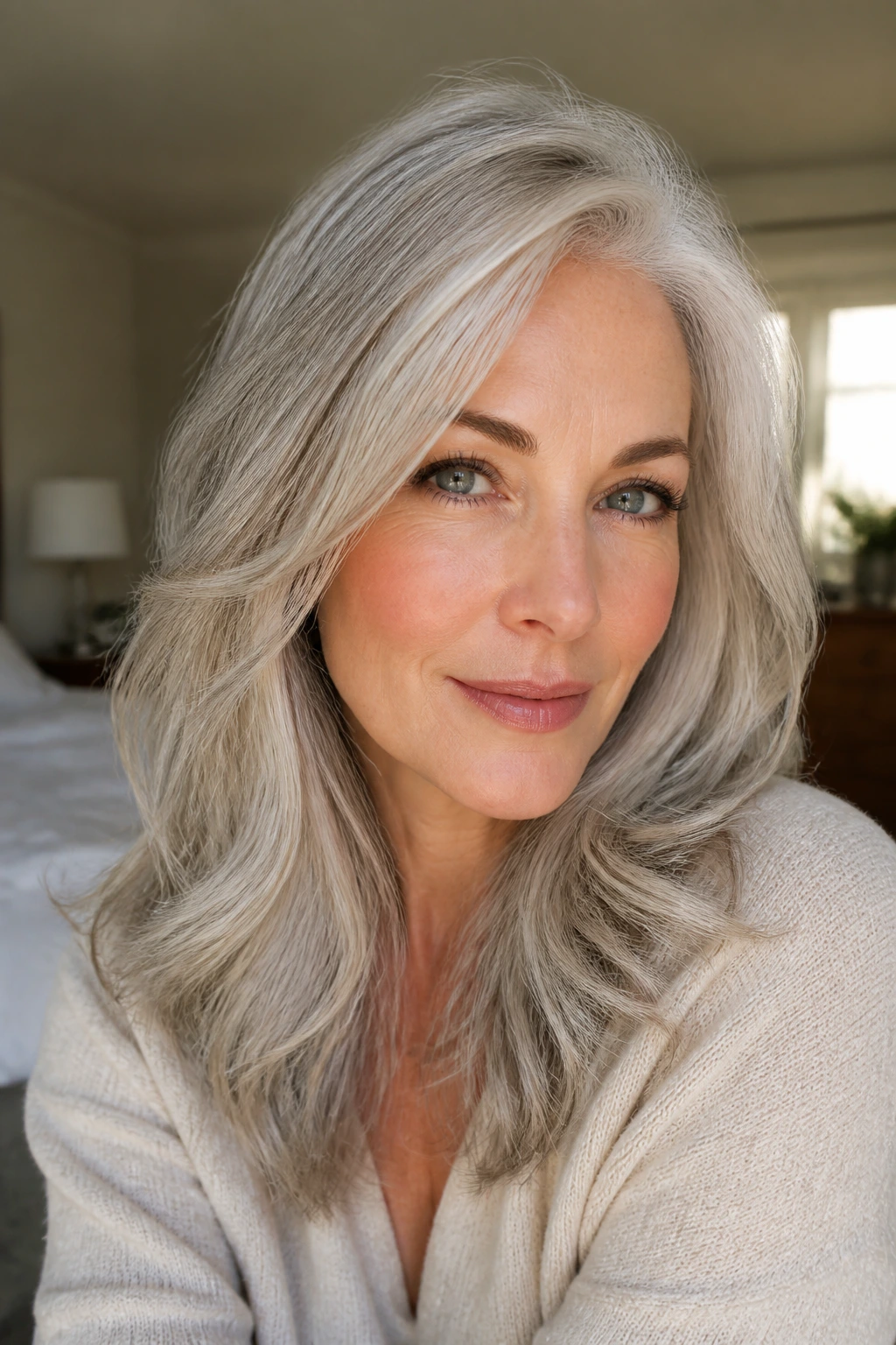 Close-up of a real woman with a soft silver wig on a heart-shaped face, natural window light