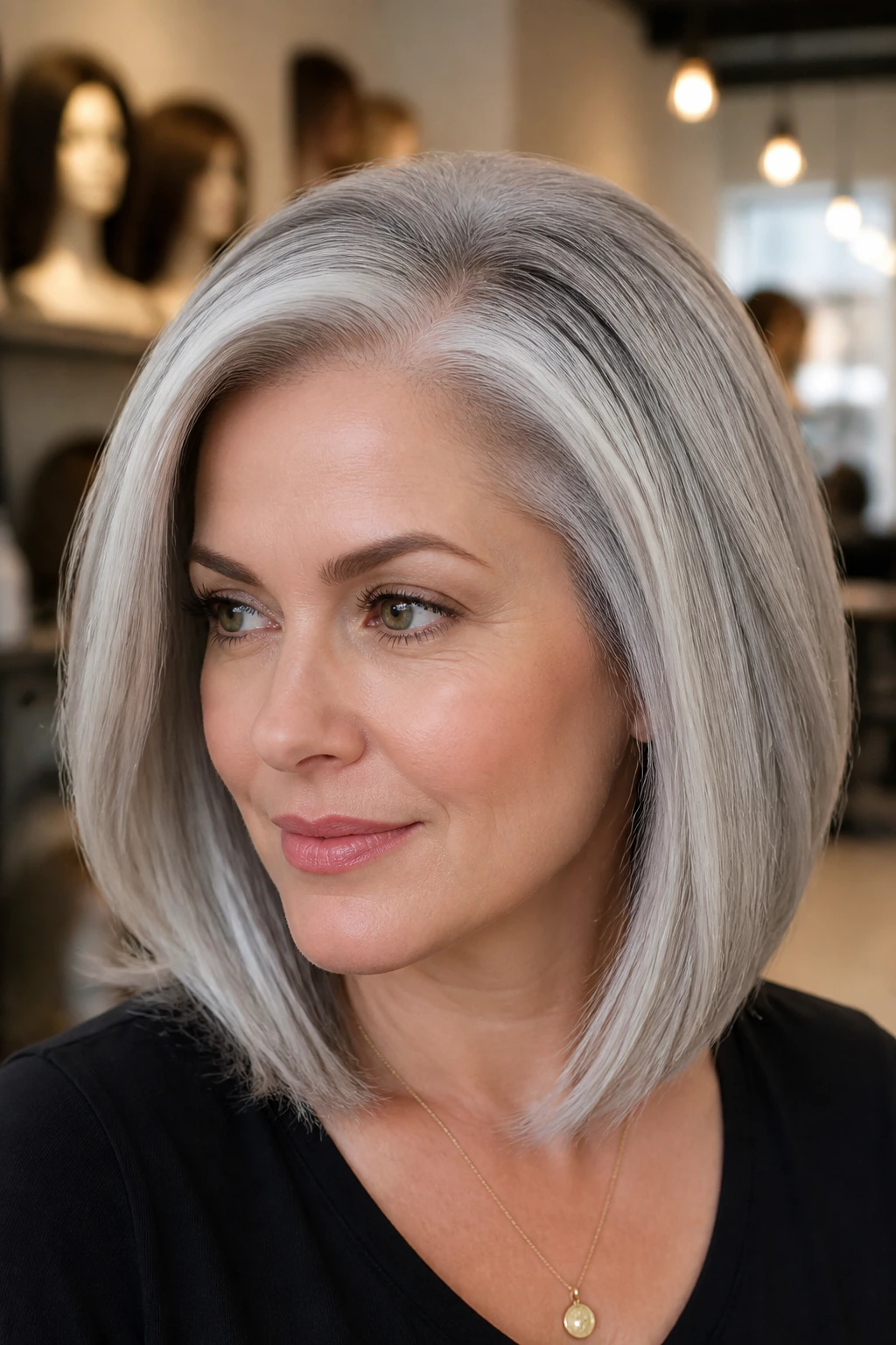 Close-up of a real person wearing a silver wig showing lace-front hairline and monofilament top in a boutique setting