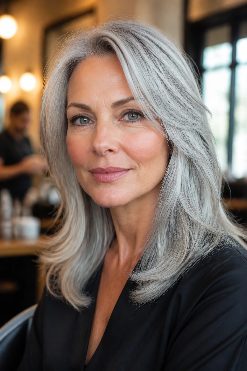 Portrait of a person wearing a natural-looking silver wig in a salon