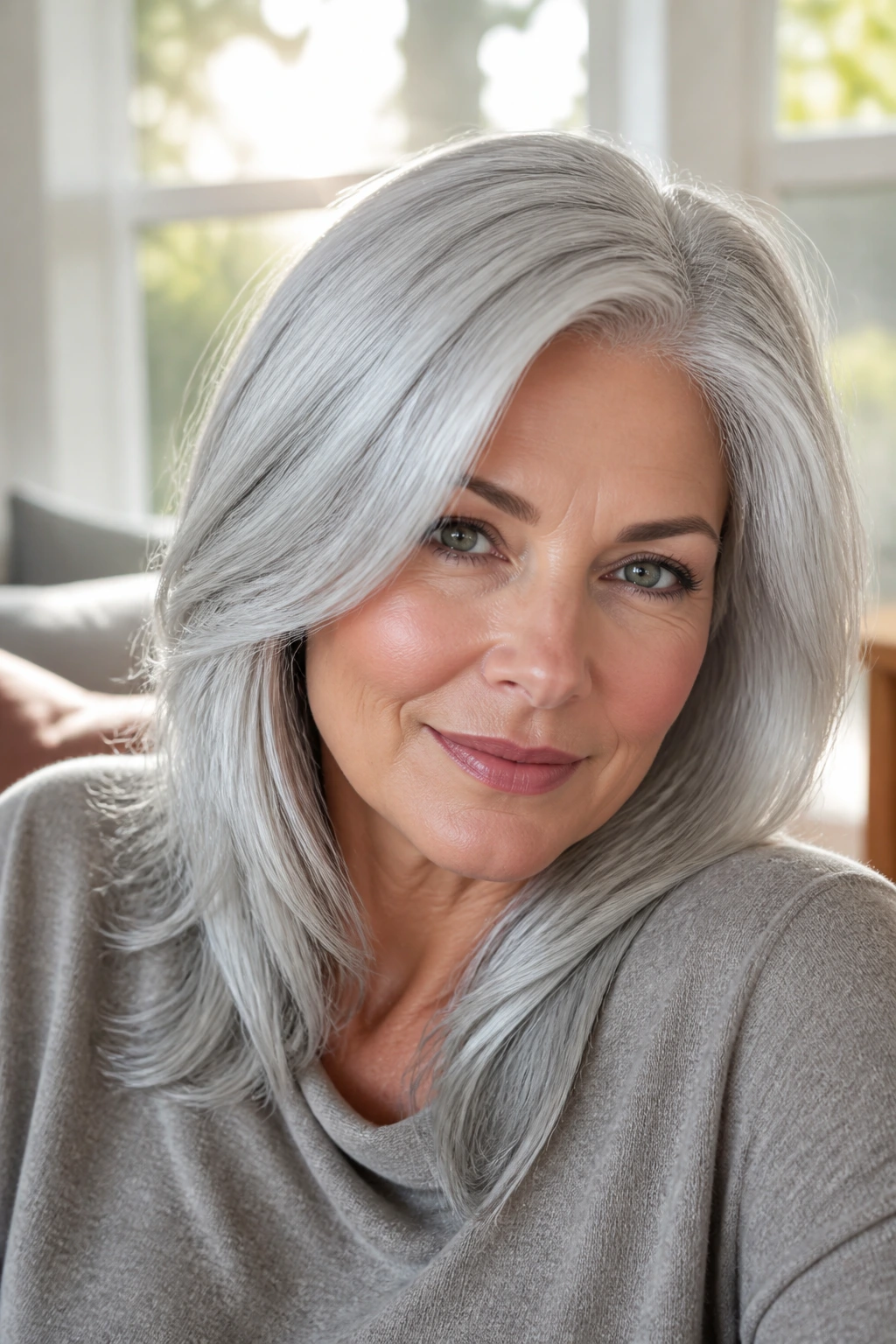 Real woman wearing silver wig with natural hairline and soft part, in warm natural light