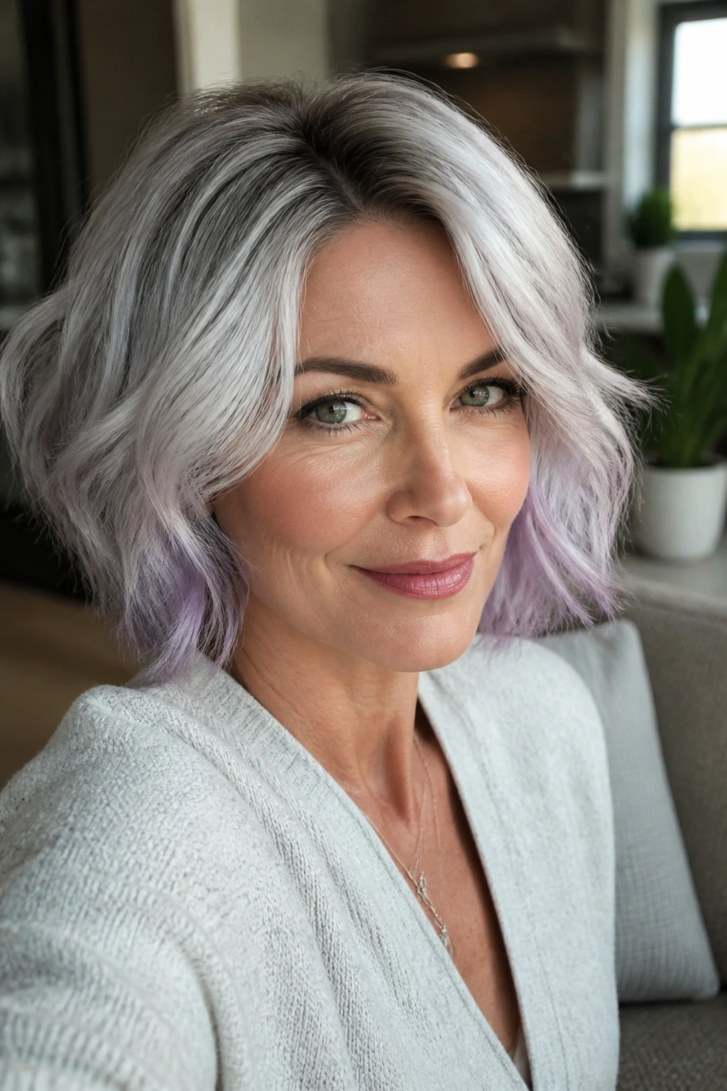 Real person wearing a silver wig with root depth and lavender tint for subtle variation