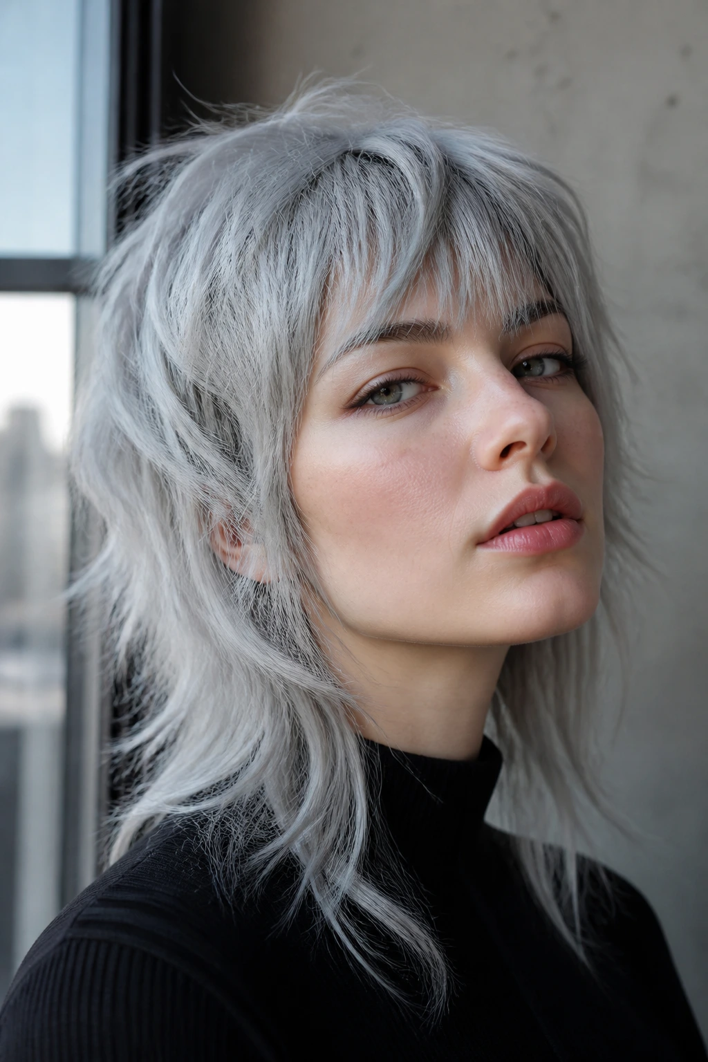 Real woman with silver wolf cut and choppy ends, textured crown