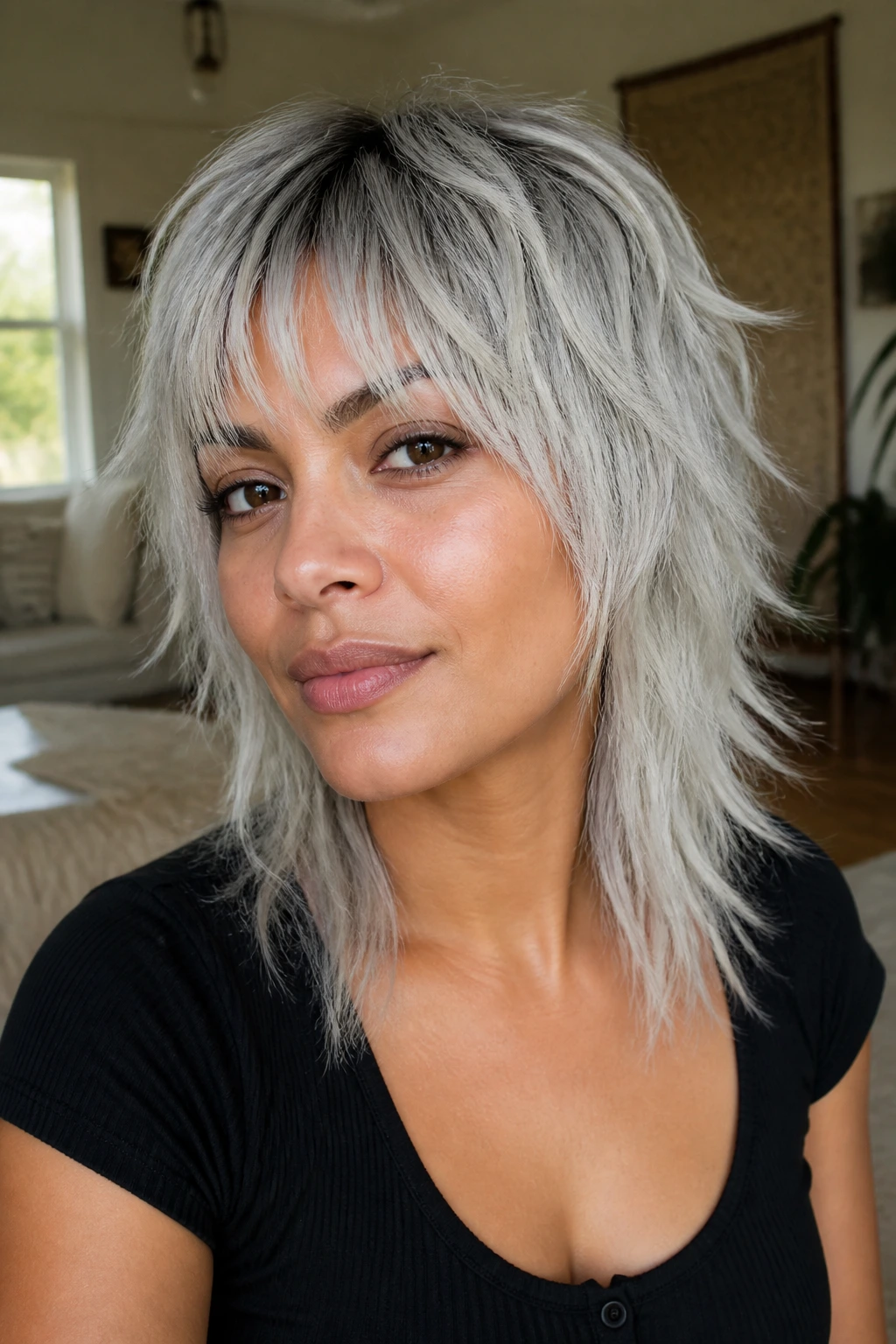 Close-up portrait of a real woman with a silver wolf cut and choppy texture.