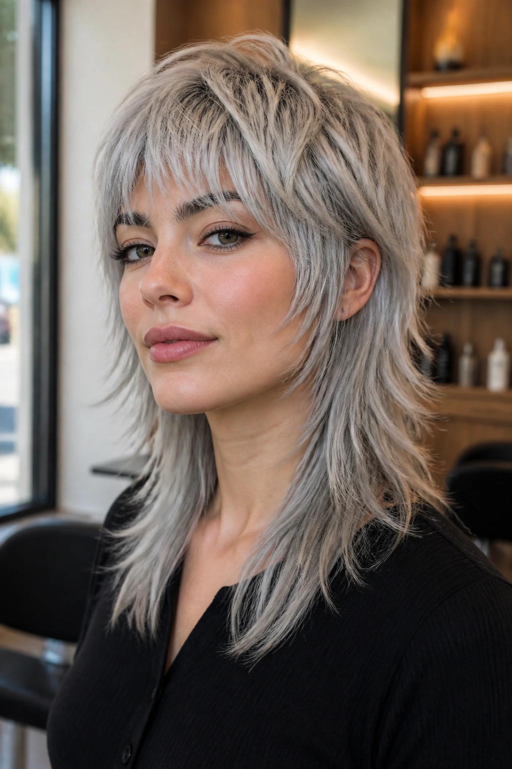 Close-up of a real person with a silver wolf cut featuring tapered ends and face-framing layers.