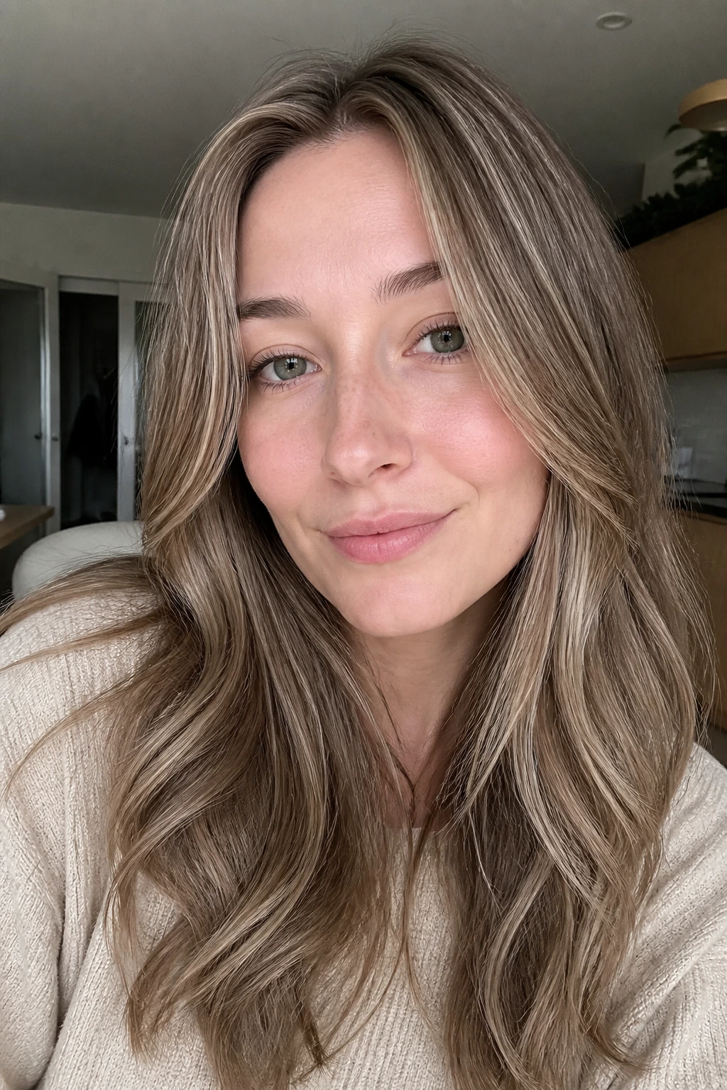 Silvery beige ribboning highlights on a real person with cool skin tone