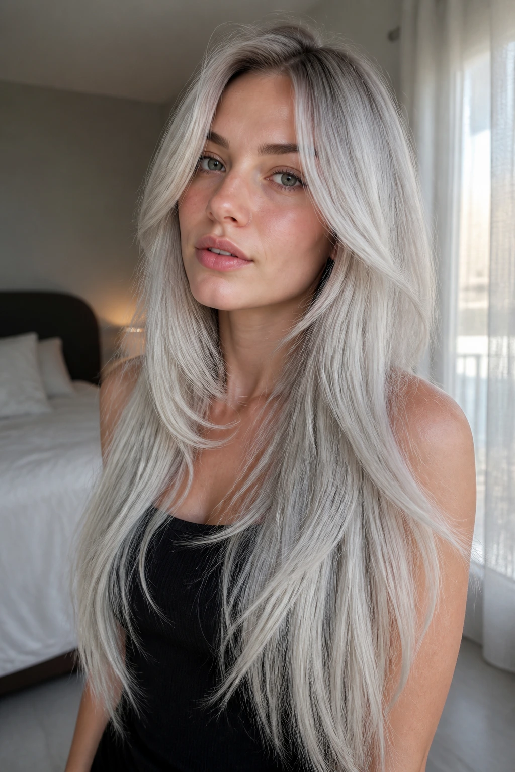Close-up portrait of a real woman with waist-length silvery layered hair