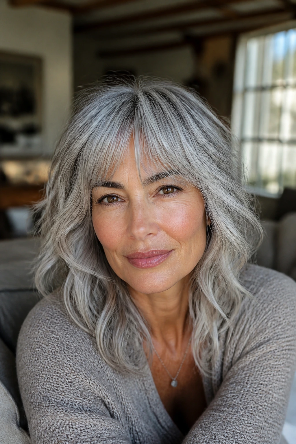 Close-up portrait of a real woman with a silvery shag and wispy bangs, olive skin.