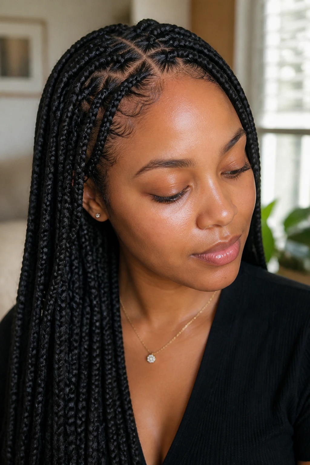 Portrait of a real person with single braids curving naturally along the hairline