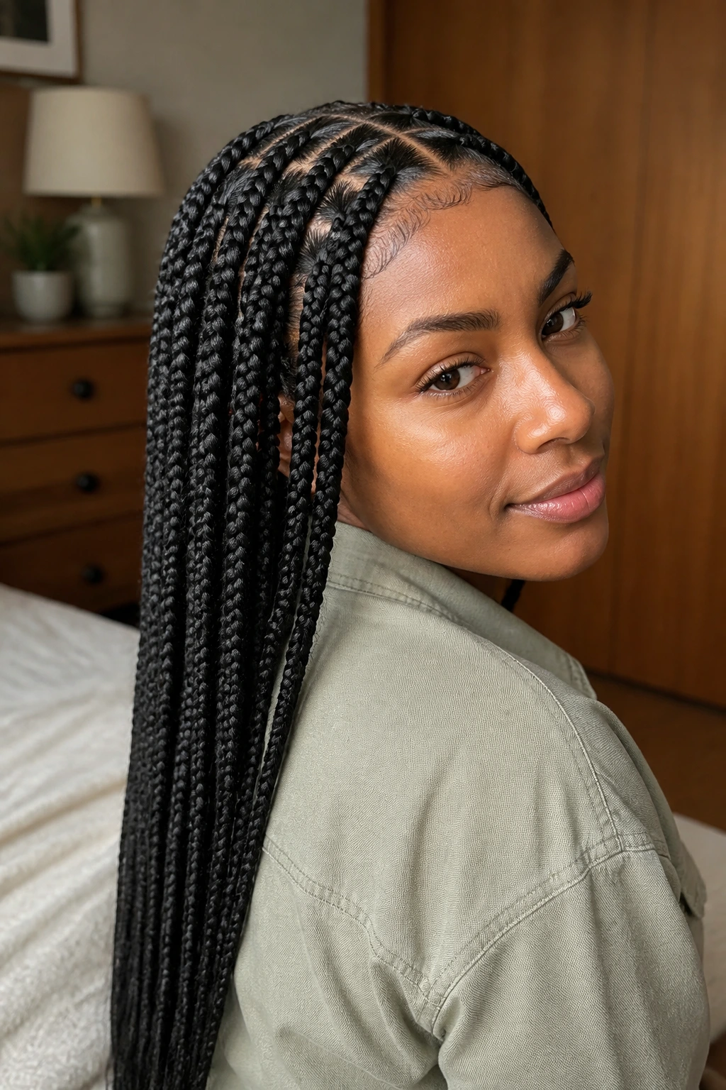 Close-up portrait of a real person with thick single braids.