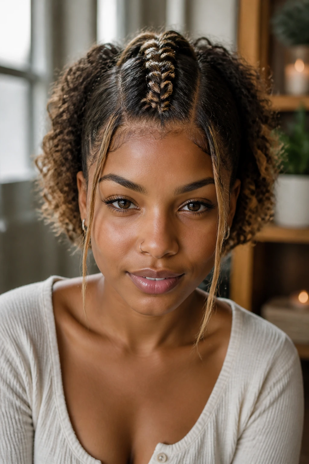 Close-up of a real person with a single center Dutch braid and face-framing pieces
